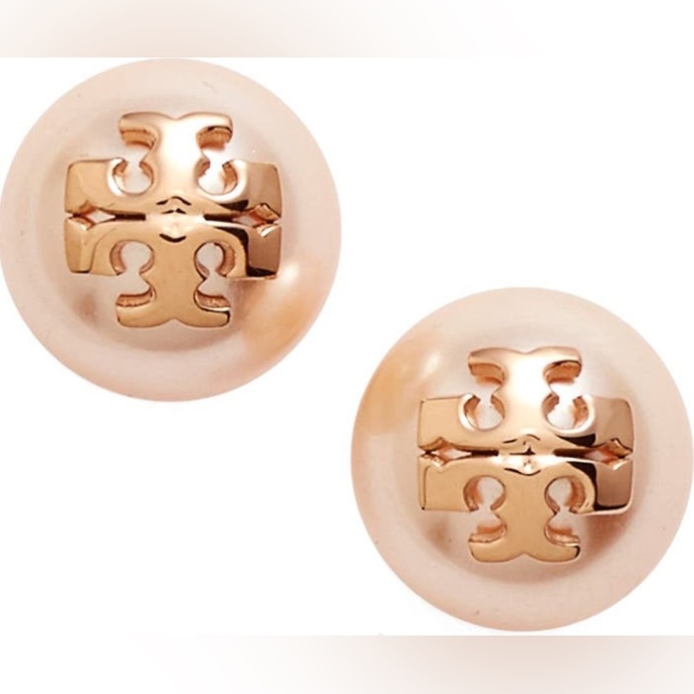 TORY BURCH Swarovski Rose Gold Crystal-pearl yellow gold tone logo stud earrings